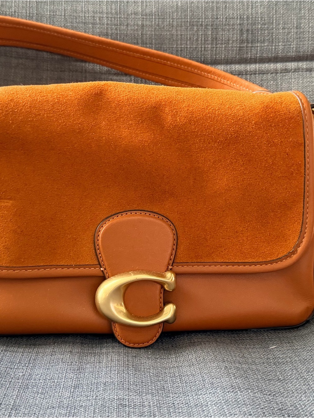 Brown Suede & Leather Tabby Soft Bag with Gold 'C' Accent